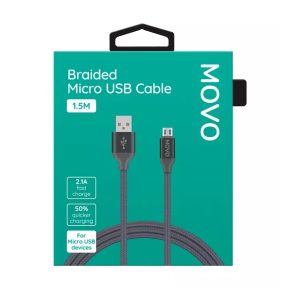 MOVO Braided Micro USB Cable -Grey- 1.5M - 2.1A Fast Charge PS4 XBOX ONE