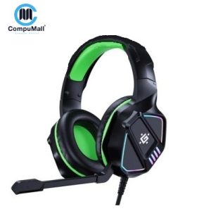 Defender Gaming Headset for PC and Laptop With USB AND 3.5mm Jack 1.8m cable length, Black - Green, RGB LED light, volume control and noise-cancelling microphone for crystal-clear communication.